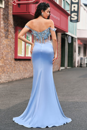 Sirène bleu ciel épaule dénudée Corset longue Robe De Soirée avec fente